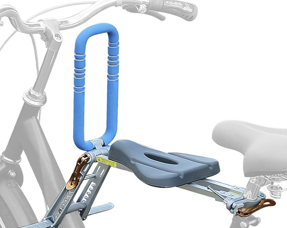 A black and blue foldable, detachable child bike seat